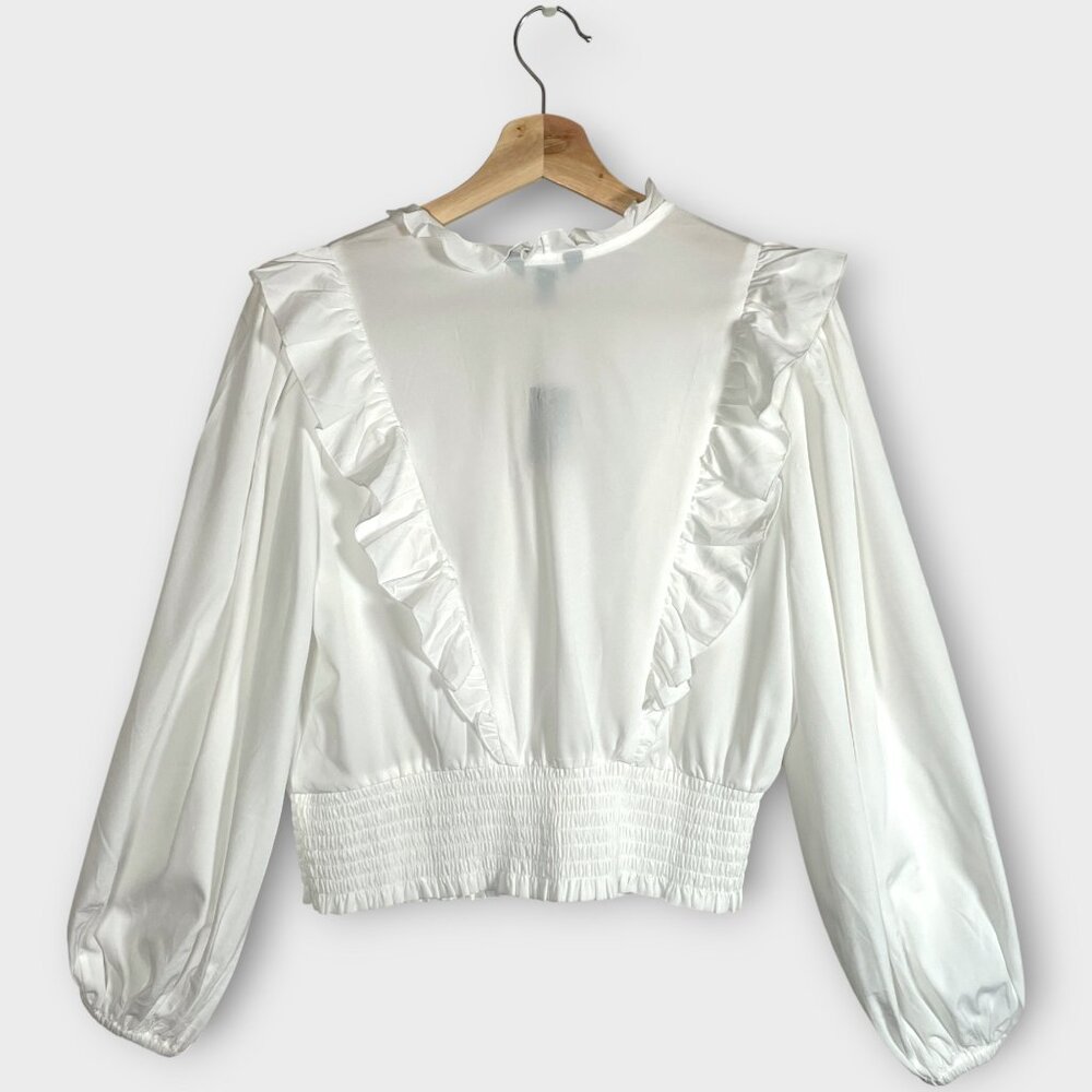 EXPRESS V-Neck Popover Blouse MEDIUM White Ruffles Romantic Parisian Style NEW - Picture 2 of 7